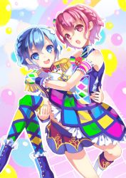 Rule 34 | 1boy, 1girl, :d, :o, bad id, bad pixiv id, bare shoulders, blue eyes, blue hair, blush, boots, braid, brother and sister, carrying, checkered clothes, checkered legwear, crossdressing, dorothy west, dress, epaulettes, reona west, looking at viewer, mole, mole under eye, open mouth, pink eyes, pink hair, pretty series, princess carry, pripara, short hair, siblings, skirt, smile, thighhighs, trap, twins, yumekui
