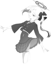 Rule 34 | 1girl, absurdres, belt, blue archive, buttons, cropped jacket, cropped legs, double-breasted, flat chest, garter straps, greyscale, halo, high-waist skirt, highres, kona ming, long hair, long sleeves, looking at viewer, monochrome, mutsuki (blue archive), neck ribbon, outstretched arms, ribbon, shirt tucked in, sketch, skirt, smile, solo, teeth, thigh strap