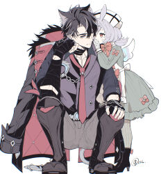 Rule 34 | 1boy, 1girl, animal ears, apron, artist name, belt, black choker, black coat, black footwear, black gloves, black hair, black shirt, blush, boots, bow, bowtie, buttons, chain, choker, closed mouth, coat, coat on shoulders, collarbone, collared shirt, commentary request, dress, earrings, expressionless, fingerless gloves, frilled apron, frilled dress, frills, fur-trimmed coat, fur trim, genshin impact, gloves, green dress, grey hair, grey pants, grey vest, hair between eyes, hand up, hat, head rest, high heel boots, high heels, highres, jewelry, lapels, long sleeves, looking at another, low twintails, medium hair, multicolored hair, necktie, pants, parted bangs, purple eyes, red bow, red bowtie, red eyes, red necktie, scar, shirt, short hair, short twintails, sigewinne (genshin impact), simple background, squatting, standing, streaked hair, stud earrings, tanuki nishi, twintails, vest, whispering, white apron, white background, white gloves, white headwear, wriothesley (genshin impact)