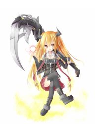 Rule 34 | 1girl, :p, black thighhighs, blonde hair, blush, breasts, chabaneko, crossed legs, highres, horns, long hair, looking at viewer, original, red eyes, scythe, simple background, sitting, skirt, smile, solo, tarutaru22, thighhighs, tongue, tongue out, very long hair, white background