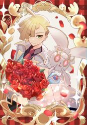 Rule 34 | 1boy, blonde hair, bouquet, closed mouth, collared shirt, commentary request, creatures (company), earrings, falling petals, flower, game freak, gen 7 pokemon, gladion (pokemon), gladion (sygna suit) (pokemon), green eyes, grey jacket, highres, jacket, jewelry, legendary pokemon, magearna, male focus, mythical pokemon, necktie, nintendo, official alternate costume, petals, pokemon, pokemon (creature), pokemon masters ex, red flower, red necktie, shirt, short hair, smile, sparkle, ssn (sasa8u9r)