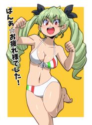 Rule 34 | 1girl, :d, anchovy (girls und panzer), aono3, barefoot, bikini, black ribbon, blush, breasts, cleavage, clenched hands, commentary, drill hair, flag print, front-tie bikini top, front-tie top, girls und panzer, green hair, hair ribbon, highres, italian flag, leg up, looking at viewer, medium breasts, navel, open mouth, outside border, print bikini, red eyes, ribbon, smile, solo, standing, swimsuit, twin drills, twintails, yellow background