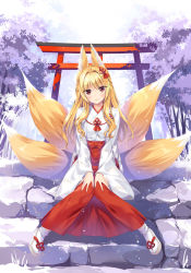 Rule 34 | 1girl, animal ears, blonde hair, blush, breasts, brown eyes, fox ears, fox tail, full body, hair intakes, hair ornament, hakama, hakama skirt, japanese clothes, knees together feet apart, long hair, long sleeves, looking at viewer, miko, multiple tails, original, oryo (oryo04), outdoors, sandals, sitting, sitting on stairs, skirt, smile, snowing, solo, stairs, tabi, tail, torii, tree, v arms, white legwear, wide sleeves