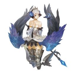 Rule 34 | 1girl, armor, armored dress, bare shoulders, choker, crown, dress, griselda (odin sphere), gwendolyn (odin sphere), hair ornament, hand on own chest, holding, holding weapon, leg wings, low wings, multicolored wings, n.a., odin sphere, polearm, pteruges, short hair, simple background, solo, spear, strapless, strapless dress, thighhighs, weapon, white hair, wings