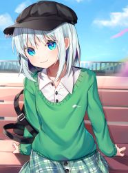 Rule 34 | 1girl, alternate costume, bag, bench, black hat, blue eyes, blue sky, cabbie hat, cloud, collared shirt, commentary request, contemporary, day, flat cap, green sweater, gunjou row, handbag, hat, head tilt, konpaku youmu, long sleeves, looking at viewer, on bench, outdoors, plaid, plaid skirt, shirt, short hair, silver hair, sitting, skirt, sky, smile, solo, sweater, touhou, white shirt