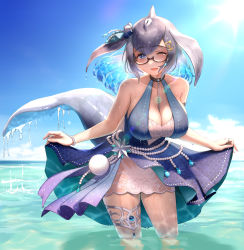 Rule 34 | 1girl, absurdres, anchor hair ornament, bare shoulders, blowhole, blue dress, blue eyes, blue hair, blue whale (kemono friends), blush, bracelet, cetacean tail, clothes lift, commentary request, dorsal fin, dress, dress lift, fins, fish tail, gem, glasses, grey hair, hair ornament, highres, jewelry, kemono friends, kemono friends 3, light rays, multicolored hair, official alternate costume, one eye closed, partially submerged, pearl (gemstone), pearl bracelet, short hair, sky, sleeveless, solo, sunbeam, sunlight, tail, takebi, thigh strap, wading, water, whale girl