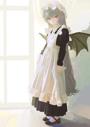 Rule 34 | 1girl, alternate costume, alternate hair length, alternate hairstyle, apron, arms at sides, bat wings, black dress, black footwear, blue hair, blush, bow, bowtie, commentary, dress, enmaided, fkey, full body, hair between eyes, hat, highres, long hair, long sleeves, looking at viewer, maid, maid apron, mary janes, mob cap, red eyes, remilia scarlet, shoes, sleeve cuffs, sleeves past wrists, slit pupils, socks, solo, standing, symbol-only commentary, touhou, very long hair, white apron, white bow, white bowtie, white hat, white socks, wings