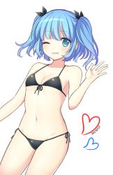 Rule 34 | 1girl, bare arms, bikini, black bikini, black ribbon, blue eyes, blue hair, breasts, cleavage, collarbone, dated, front-tie bikini top, front-tie top, grin, groin, hair ribbon, heart, highres, kawashiro nitori, looking at viewer, navel, one eye closed, ribbon, side-tie bikini bottom, simple background, small breasts, smile, solo, swimsuit, teeth, thighs, touhou, two side up, waving, white background, yamayu