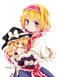 Rule 34 | 1girl, alice margatroid, apron, black dress, black footwear, blonde hair, blue dress, blue eyes, bobby socks, bow, braid, capelet, character doll, chikuwa savy, closed mouth, cowboy shot, hugging doll, dress, frills, hairband, hat, hat bow, kirisame marisa, lolita hairband, long hair, looking at viewer, mary janes, neck ribbon, hugging object, puffy short sleeves, puffy sleeves, red ribbon, ribbon, sash, shoes, short hair, short sleeves, side braid, smile, socks, solid circle eyes, solo, touhou, twitter username, waist apron, white background, white bow, white socks, witch hat