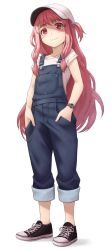 Rule 34 | 1girl, baseball cap, black footwear, closed mouth, denim, full body, hands in pockets, hat, highres, kotonoha akane, kurione (zassou), long hair, one side up, overalls, pink eyes, pink hair, pocket, shirt, shoelaces, shoes, short sleeves, simple background, smile, solo, standing, t-shirt, very long hair, voiceroid, watch, white background, white hat, white shirt, wristwatch