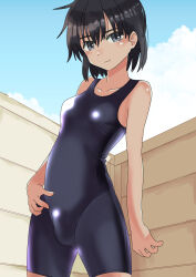 Rule 34 | 1girl, black hair, blue eyes, blue one-piece swimsuit, blush, breasts, bulge, closed mouth, collarbone, day, erection, erection under clothes, futanari, haida katsuretsu, highres, looking at viewer, medium breasts, one-piece swimsuit, original, outdoors, smile, solo, swimsuit