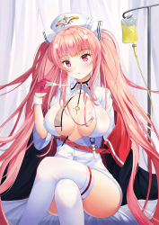 Rule 34 | 1girl, absurdres, azur lane, breasts, choker, cleavage, crossed legs, digital thermometer, dress shirt, gloves, half gloves, hand up, hat, highres, holding, intravenous drip, kotomaru (sirouko9511), large breasts, long hair, looking at viewer, nurse cap, off shoulder, open clothes, open shirt, parted lips, perseus (azur lane), perseus (unfamiliar duties) (azur lane), pink hair, red eyes, red gloves, shirt, sitting, solo, thermometer, thighhighs, thighs, twintails, very long hair, white hat, white shirt, white thighhighs, wing collar