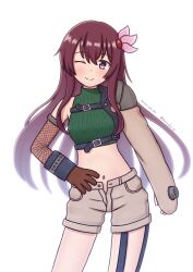 Rule 34 | absurdres, brown eyes, brown gloves, brown hair, clawed gauntlets, cosplay, cowboy shot, crop top, cropped sweater, final fantasy, final fantasy vii, fishnet armwear, gloves, green sweater, hair ornament, hand on own hip, highres, kantai collection, kisaragi (kancolle), konato k, long hair, name connection, navel, one-hour drawing challenge, one eye closed, open fly, shorts, simple background, sleeveless, sleeveless turtleneck, sweater, turtleneck, white background, white shorts, yuffie kisaragi, yuffie kisaragi (cosplay)