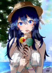 Rule 34 | absurdres, beach, bikini, blue hair, blue nails, blush, bracelet, eating, eva02asuka0608, fire emblem, fire emblem awakening, food, hat, highres, ice cream, ice cream cone, jewelry, long hair, looking at viewer, lucina (fire emblem), nail polish, nintendo, ocean, open mouth, own hands together, shadow, signature, sun hat, sunlight, swimsuit, teeth, upper body, upper teeth only