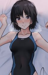 Rule 34 | 1girl, amagami, armpits, bare shoulders, bed sheet, black hair, black one-piece swimsuit, blue one-piece swimsuit, blush, breasts, breath, brown eyes, closed mouth, collarbone, commentary, competition school swimsuit, competition swimsuit, covered navel, highleg, highleg swimsuit, looking at viewer, loose hair strand, lying, medium breasts, messy hair, nanasaki ai, nose blush, on back, on bed, one-piece swimsuit, school swimsuit, sheet grab, short hair, smile, solo, swimsuit, two-tone swimsuit, upper body, w arms, yoo tenchi