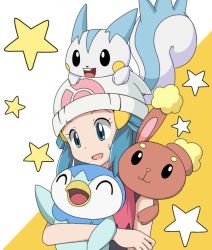 Rule 34 | 00s, 1girl, animal ears, bare shoulders, blue eyes, blue hair, buneary, creatures (company), dawn (pokemon), female focus, game freak, gen 4 pokemon, happy, hat, long hair, mikan imo, nintendo, pachirisu, piplup, pokemon, pokemon (anime), pokemon (creature), pokemon dppt, rabbit ears, simple background, smile