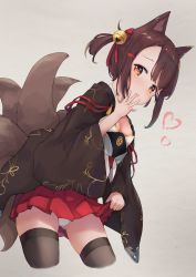 Rule 34 | 1girl, absurdres, akagi-chan (azur lane), akagi (azur lane), animal ears, azur lane, bell, blunt bangs, breasts, brown hair, cleavage, clothes lift, commentary request, covering own mouth, fox tail, hair bell, hair ornament, hair ribbon, hakama, hakama short skirt, hakama skirt, hand over own mouth, heart, highres, inushida (dogsheepsheep), japanese clothes, kimono, lifting own clothes, long sleeves, looking at viewer, multiple tails, open mouth, panties, pantyshot, pleated skirt, red ribbon, red skirt, ribbon, sakuramon, short hair, short twintails, simple background, skirt, skirt lift, small breasts, smug, solo, standing, tail, twintails, underwear, white panties, wide sleeves, yellow eyes