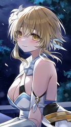 Rule 34 | 1girl, absurdres, bare shoulders, blonde hair, blush, breasts, cleavage, closed mouth, dress, flower, genshin impact, highres, large breasts, lily (flower), looking at viewer, lumine (genshin impact), moka 01, short hair with long locks, sky, smile, solo, star (sky), starry sky, teeth, upper teeth only, white dress