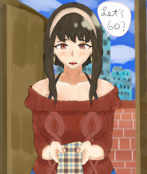 Rule 34 | 1girl, black hair, door, eddarxart, english text, hairband, highres, looking at viewer, necktie, parted lips, red eyes, ribbed sweater, self-upload, solo, speech bubble, spy x family, sweater, yor briar