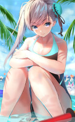 Rule 34 | beach, bird, black one-piece swimsuit, blue sky, brown hair, bun cover, closed mouth, cloud, collarbone, competition swimsuit, day, fate/grand order, fate (series), hair bun, hair ornament, highres, kinoruru toiro, knees up, miyamoto musashi (fate), miyamoto musashi (fate/grand order), miyamoto musashi (swimsuit berserker) (fate), miyamoto musashi (swimsuit berserker) (first ascension) (fate), multiple girls, ocean, one-piece swimsuit, outdoors, palm tree, partially submerged, purple eyes, side ponytail, single hair bun, sitting, sky, smile, solo focus, summer, swept bangs, swimsuit, thighs, tree