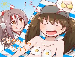 Rule 34 | 2girls, bikini, breast conscious, brown eyes, brown hair, chair, dreaming, drooling, egg (food), food, fried egg, hachimaki, headband, kantai collection, lounge chair, mitchell (dynxcb25), multiple girls, musical note, open mouth, ryuujou (kancolle), smile, spatula, swimsuit, tongue, tongue out, topless, twintails, upper body, visor cap, zuihou (kancolle)