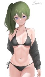 Rule 34 | 1girl, baguette (baguettech), bikini, black bikini, black jacket, breasts, collarbone, commentary, english commentary, green hair, grin, highres, jacket, midriff, navel, open clothes, open jacket, ponytail, purple eyes, side ponytail, simple background, small breasts, smile, solo, sousou no frieren, swimsuit, teeth, twitter username, ubel (sousou no frieren), white background