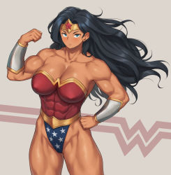 Rule 34 | 1girl, abs, bare shoulders, black hair, breasts, cleavage, clenched hand, closed mouth, collarbone, dc comics, green eyes, hand on own hip, highres, large breasts, long hair, looking at viewer, muscular, muscular female, nestkeeper, solo, standing, thick thighs, thighs, wonder woman