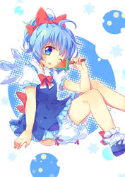 Rule 34 | 1girl, ahoge, alternate hairstyle, bad id, bad pixiv id, bloomers, bloomers pull, blue eyes, blue hair, bow, cirno, food, hair bow, ice, ice wings, matching hair/eyes, one eye closed, pf, ponytail, popsicle, sitting, solo, touhou, underwear, watermelon bar, wings