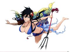 Rule 34 | 1girl, bare legs, bare shoulders, bikini, black hair, bleach, bleach: brave souls, breasts, cleavage cutout, clothing cutout, curvy, highres, jumping, kubo tite, large breasts, lips, long hair, looking at viewer, navel, official art, open mouth, polearm, ponytail, prosthesis, shiba kuukaku, shiny skin, skin tight, smile, solo, swimsuit, trident, weapon