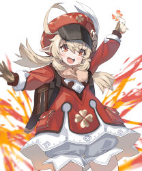 Rule 34 | 1girl, :d, absurdres, ahoge, arm up, backpack, bag, blonde hair, bloomers, blush, brown gloves, cabbie hat, clover, commentary, cowboy shot, dress, explosion, feathers, fire, genshin impact, gloves, hair between eyes, hat, hat feather, highres, klee (genshin impact), long sleeves, looking at viewer, low twintails, mixed-language commentary, open mouth, pointy ears, randoseru, red dress, red eyes, sidelocks, simple background, slumcat, smile, solo, teeth, twintails, underwear, upper teeth only, white background, white feathers