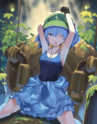 Rule 34 | 1girl, armpits, arms up, black gloves, blue eyes, blue hair, blue one-piece swimsuit, breasts, clothes around waist, commentary, falken (yutozin), flat cap, gloves, green hat, hat, highres, holding, holding wrench, jacket, jacket around waist, jewelry, kawashiro nitori, key, key necklace, looking at viewer, medium breasts, necklace, one-piece swimsuit, one eye closed, open mouth, plant, sitting, small breasts, solo, swimsuit, swimsuit under clothes, touhou, twintails, wrench