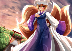 Rule 34 | 1girl, blonde hair, female focus, fox tail, hat, highres, liya, multiple tails, nature, outdoors, red eyes, sky, solo, sunset, tail, touhou, yakumo ran