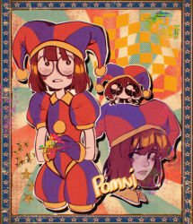 Rule 34 | ascot, asymmetrical gloves, blue gloves, blue hat, blush stickers, brown hair, character name, glitch, gloves, hat, highres, jester, jester cap, jester costume, linmiee, mismatched gloves, multicolored clothes, multicolored hat, pomni (the amazing digital circus), puffy short sleeves, puffy shorts, puffy sleeves, red gloves, red hat, short sleeves, shorts, star (symbol), striped clothes, striped headwear, the amazing digital circus, vertical-striped bodysuit, vertical-striped clothes, vertical-striped headwear, yellow ascot
