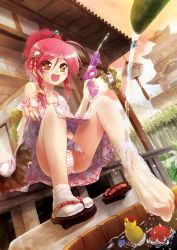 Rule 34 | 1girl, :d, architecture, barefoot, east asian architecture, fang, feet, foot focus, foreshortening, geta, highres, japanese clothes, kimono, legs, md5 mismatch, open mouth, orange eyes, original, panties, pantyshot, pink hair, porurin (do-desho), resolution mismatch, sandals, shoes, single shoe, sitting, smile, soaking feet, solo, source smaller, spread legs, striped clothes, striped panties, tabi, toes, underwear, upskirt, water, water gun