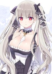 Rule 34 | 1girl, azur lane, bad id, bad pixiv id, between breasts, black bow, black dress, bow, breasts, cleavage, closed mouth, collarbone, commentary request, dress, earrings, floral background, flower, formidable (azur lane), frilled dress, frills, grey hair, hair bow, hand on own chest, hand up, jewelry, large breasts, long hair, long sleeves, looking at viewer, red eyes, rose, solo, sumisaki yuzuna, twintails, upper body, very long hair, white background