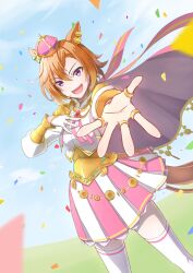Rule 34 | 1girl, armor, breasts, cape, cloud, cofee fan, confetti, corset, earclip, feet out of frame, fingerless gloves, gloves, hand on own hip, highres, jewelry, looking at viewer, multiple rings, open mouth, orange hair, outdoors, outstretched arm, purple eyes, reaching, reaching towards viewer, ring, shirt, short hair, shoulder armor, single glove, skirt, small breasts, smile, solo, standing, t.m. opera o (umamusume), thighhighs, umamusume, white gloves, white shirt, white thighhighs, wind
