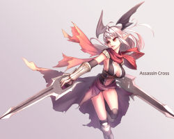 Rule 34 | 1girl, assassin cross (ragnarok online), breasts, dagger, demon wings, dual wielding, english text, holding, jamadhar, knife, large breasts, long hair, pointy ears, ragnarok online, red eyes, scarf, solo, weapon, white hair, wings, yellowpaint.