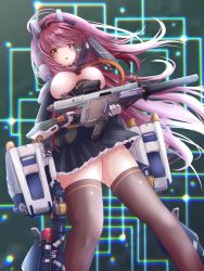 Rule 34 | 1girl, artery gear, artery gear: fusion, between breasts, blush, breasts, buttons, double-breasted, dutch angle, exoskeleton, gluteal fold, grace (artery gear), gun, highres, holding, holding gun, holding weapon, kriss vector, leaning back, long hair, looking at viewer, machinery, magazine (weapon), mecha musume, mechanical ears, mechanical gloves, necktie, o o, open mouth, pleated skirt, polygonal suppressor, purple eyes, purple hair, red necktie, rigging, scope, skirt, solo, standing, submachine gun, suppressor, thighhighs, thighs, trigger discipline, underboob, user trvm8258, very long hair, weapon, wind, wind lift, zettai ryouiki