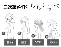 Rule 34 | 4girls, bust chart, chart, futaba channel, greyscale, hidoi, kotonomiya yuki, lineup, maid, medoi, modoi, monochrome, multiple girls, nijiura maids, profile, translated, ume-san, yuki