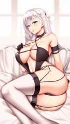 Rule 34 | 1girl, akitsuki karasu, aqua eyes, arm strap, ass, azur lane, bare hips, black gloves, blurry, blurry background, breasts, butt crack, center opening, cleavage, couch, criss-cross halter, feet out of frame, gloves, halterneck, highres, large breasts, long hair, looking at viewer, lying, mole, mole under eye, on couch, on side, one side up, race queen, revealing clothes, shoukaku (azur lane), shoukaku (sororal wings) (azur lane), solo, thighhighs, unitard, white hair, white thighhighs