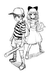 Rule 34 | 1boy, 1girl, absurdres, backpack, bag, baseball bat, baseball cap, bow, bruise, bruise on face, closed mouth, greyscale, hair bow, hat, highres, holding, injury, kneehighs, looking at viewer, magic, medium hair, monochrome, mother (game), mother 2, ness (mother 2), nintendo, paula (mother 2), rx hts, shirt, short sleeves, shorts, sketch, socks, standing, striped clothes, striped shirt