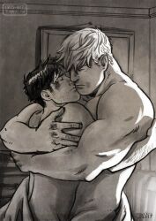Rule 34 | 2boys, arm hair, bad id, bad tumblr id, bara, bedroom, black hair, blonde hair, bruise, completely nude, couple, covering privates, cris art, facial hair, half-closed eyes, hug, hulkling, imminent kiss, indoors, injury, male focus, marvel, multiple boys, muscular, muscular male, mutual hug, navel hair, nude, nude cover, short hair, sideburns, sideburns stubble, sparse stubble, stubble, thick eyebrows, wiccan, yaoi