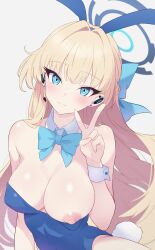 Rule 34 | 1girl, absurdres, animal ears, blonde hair, blue archive, blue bow, blue bowtie, blue eyes, blue halo, blue leotard, blunt bangs, blush, bow, bowtie, breasts, cleavage, closed mouth, commentary request, detached collar, earpiece, fake animal ears, fake tail, halo, hand up, highres, large breasts, leotard, long hair, looking at viewer, mechanical halo, nipples, official alternate costume, one breast out, playboy bunny, rabbit ears, rabbit tail, ryokuchabushi, simple background, solo, strapless, strapless leotard, tail, toki (blue archive), toki (bunny) (blue archive), upper body, v, white background, wrist cuffs