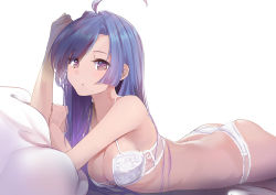 Rule 34 | 1girl, :o, absurdres, ass, azur lane, bare arms, bare shoulders, blue hair, blush, bra, breasts, cleavage, hand on own arm, helena (azur lane), highres, long hair, looking at viewer, lying, medium breasts, on stomach, panties, parted lips, pillow, purple eyes, schreibe shura, simple background, solo, swept bangs, underwear, underwear only, white background, white bra, white panties