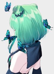 Rule 34 | 1girl, animal, backless dress, backless outfit, blue dress, blue sleeves, bug, butterfly, detached sleeves, double bun, dress, eyelashes, facing away, green hair, grey background, hair bun, highres, hololive, insect, misumi (macaroni), short hair, simple background, solo, upper body, uruha rushia, uruha rushia (1st costume), virtual youtuber