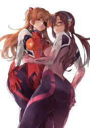 Rule 34 | 2girls, artist request, ass, ass grab, blue eyes, bodysuit, brown hair, covered navel, curvy, dated, embarrassed, evangelion: 3.0 you can (not) redo, expressionless, eyepatch, grabbing own ass, hair ornament, highres, hug, interface headset, lips, long hair, looking at another, looking at viewer, low twintails, makinami mari illustrious, multiple girls, neon genesis evangelion, plugsuit, rebuild of evangelion, red bodysuit, shiny clothes, skin tight, souryuu asuka langley, twintails, two side up