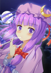 Rule 34 | 1girl, :o, absurdres, blush, bow, cigarette, cigarette holder, cookie (touhou), crescent, crescent hair ornament, dress, hair bow, hair ornament, hair ribbon, hat, highres, long hair, looking at viewer, mob cap, moon, night, patchouli knowledge, purple eyes, purple hair, ribbon, smoking, solo, szk, taisa (cookie), touhou, very long hair