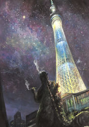 Rule 34 | 1boy, absurdres, building, city, cityscape, commentary request, faux traditional media, from behind, g.n.a, giant, glowing, godzilla, godzilla (series), gojira, highres, holding, holding smoking pipe, kaijuu, monster, night, night sky, no humans, parody, real world location, scenery, sky, skyscraper, smoke, smoking, smoking pipe, solo, standing, star (sky), starry sky, sumida (tokyo), tail, toho, tokyo (city), tokyo skytree, tower