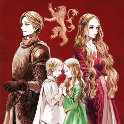 Rule 34 | 1boy, 1girl, a song of ice and fire, aged down, animification, armor, blonde hair, braid, brother and sister, cape, cersei lannister, closed eyes, dress, dual persona, family, father and daughter, father and son, green eyes, hetero, highres, holding hands, jaime lannister, jewelry, lion, long hair, mother and daughter, mother and son, myrcella baratheon, necklace, short hair, siblings, siuuu, smile, tommen baratheon
