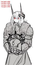 Rule 34 | 1girl, 4chan, :|, arknights, armor, closed mouth, crossover, drawfag, e.y.e: divine cybermancy, english text, greyscale, heavy culter dei, helmet, highres, holding, horns, medium hair, military, monochrome, mudrock (arknights), red eyes, simple background, solo, source request, white background